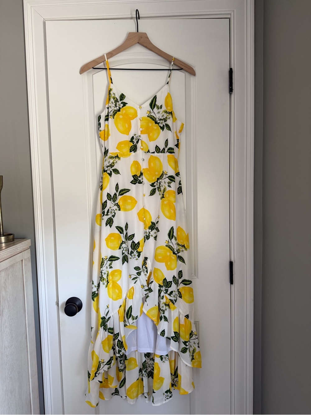 Lulu's White Lemon-Print High-Low Maxi Dress